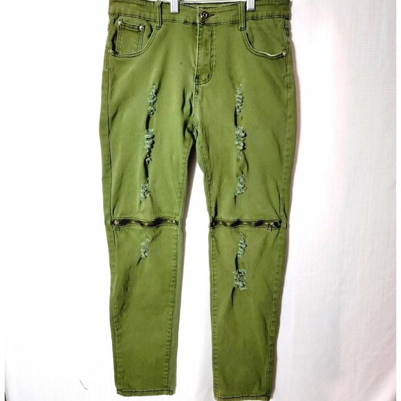 Qazel Vorrlon Mens Skinny Jeans Sz 32 Stretch Ripped Zippered knees Distressed - Picture 1 of 16